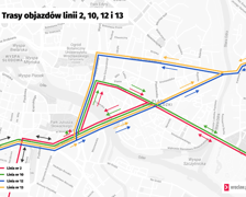 Trasy objazdów tramwajów linii 2, 10, 12 i 13 spowodowanych wymianą zwrotnicy na pl. Grunwaldzkim.