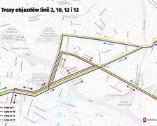 Trasy objazdów tramwajów linii 2, 10, 12 i 13 spowodowanych wymianą zwrotnicy na pl. Grunwaldzkim.