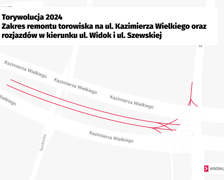 <p>Wymiana rozjazd&oacute;w na skrzyżowaniu ulic Kazimierza Wielkiego, Widok i Szewskiej i wymiana tor&oacute;w aż za przystanek Świdnicka rozpocznie się na&nbsp;początku czerwca.</p>