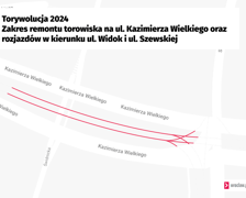 <p>Mapa przedstawia zakres remontu na ul. Kazimierza Wielkiego.&nbsp;</p>
