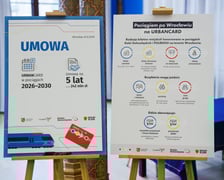<p>Z lewej: plansza z informacją o podpisanej umowie. Urbancard w pociągach 2026-2030. Umowa na 5 lat za ok. 242 mln złotych. Z prawej: plansza z informacją o rodzajach honorowanych bilet&oacute;w, uprawnieniach do bezpłatnych przejazd&oacute;w oraz przystankach kolejowych objętych umową.</p>