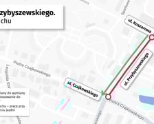 Mapa przedstawia odcinek ulicy Przybyszewskiego, który będzie remontowany