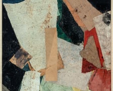 <p>Kurt Schwitters, Merzzeichnung 225, 1921, kolaż, gwasz, karton, tkanina</p>