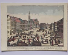 <p>Rysunek Friedricha Bernharda Wernera &ndash; widok pl. zachodniego Rynku zwanego Targiem Wełny, ok. 1780</p>