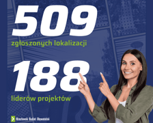 Infografika z napisem: 509 zgłoszonych lokalizacji, 188 liderów projektów
