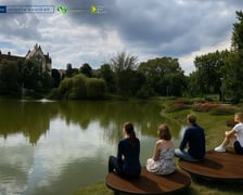 Okrągłe podesty do siedzenia nad brzegiem stawu w Parku Tołpy - wizualizacja planowanych zmian.