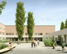 Wizualizacja zespołu szkolno-przedszkolnego przy ul. Zwycięskiej. Trwa jego budowa. To największa edukacyjna inwestycja Wrocławia. Obiekt - choć jeszcze nie musiał - to spełnia Wrocławski Standard Zielonego Budynku