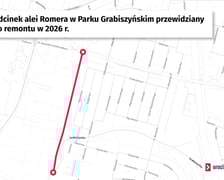 Mapa przedstawiająca fragment alei Romera w Parku Grabiszyńskim, która zostanie wyremontowana w 2026 r.