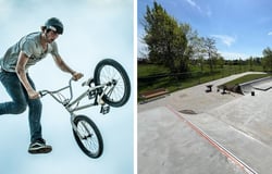 Po lewej: mężczyzna wykonujący w powietrzu trik z rowerem; po prawej: skatepark na Klecinie przed otwarciem