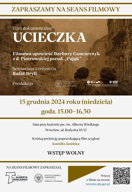 Plakat filmu Darmowy pokaz filmu dokumentalnego „Ucieczka” w reżyserii Rafała Brylla