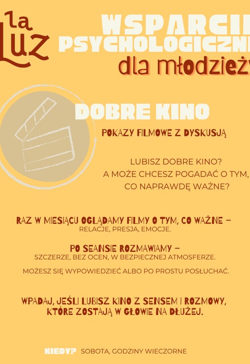 Plakat filmu "Dobre Kino" dla młodzieży i dyskusja z psychologiem w Klubokawiarni LaLuz