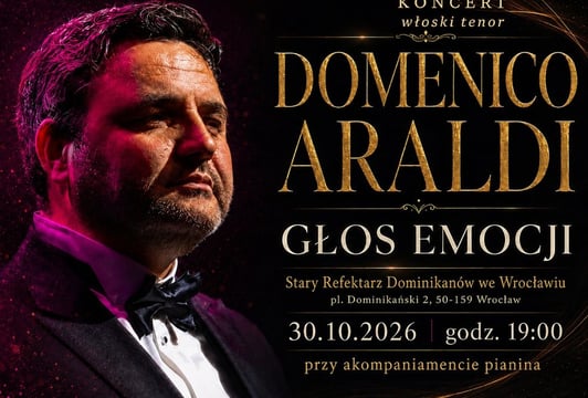 Grafika pozioma  promująca koncert Domenico Araldi - 30 .10.2026 we Wrocławiu/ Stary Reflektarz Dominikanów