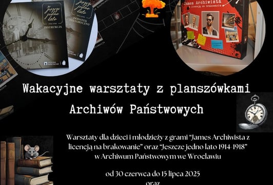 Grafika promująca wakacyjne warsztaty z planszówkami Archiwów Państwowych.