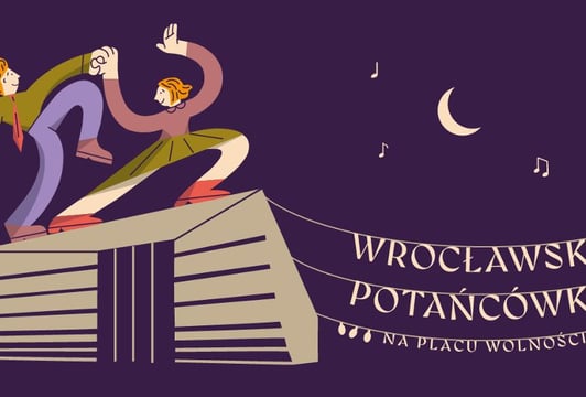 ilustracja z parą tańczącą na dachu Narodowego Forum Muzyki, napi Wrocławska Potańcówka na pl. Wolności
