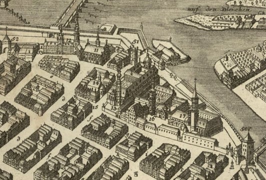 Północna część wrocławskiej starówki na XVIII-wiecznej rycinie
