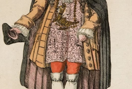 Król strzelców z Zwingeru z XVII w. z klejnotem królewskim z 1491 r. Autor nieznany, akwaforta z miedziorytem, kolorowana, Śląsk, ok. 1830