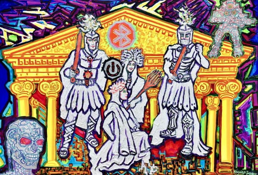 Krzysztof Skarbek, Perseusz otrzymał od mądrej Ateny tarczę do wyłączenia pięknej Gorgony - Meduzy, 180 x 110, akryl, płótno, 2021