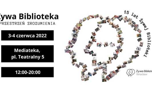 Banner promujący Żywą Bibliotekę w Mediatece 3 i 4 czerwca 2022r.