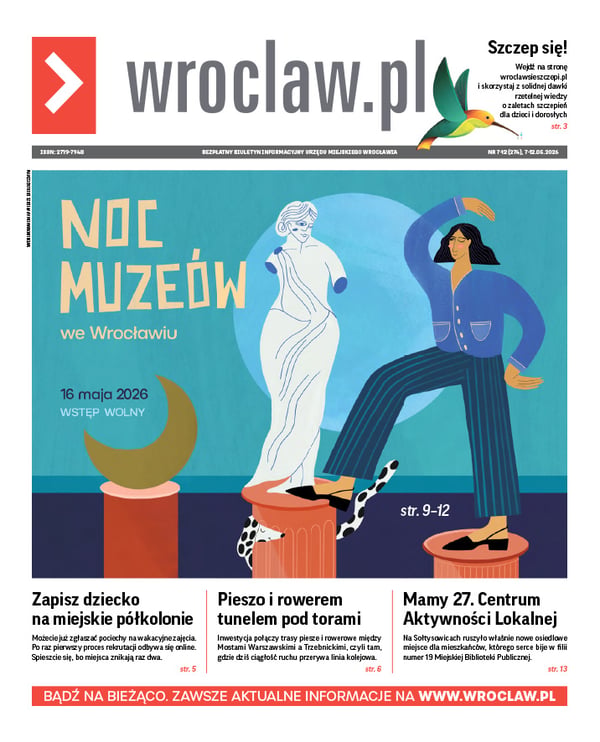 Zdjecie okładki biuletynu - Grafika z napisem Noc Muzeów we Wrocławiu, 16 maja 2026, wstęp wolny. W tle niebiski księżyc, z przodu na kolumnach stoją od lewej: półksiężyc, grecki posąg  i puszczająca oko czarnowłosa kobieta.