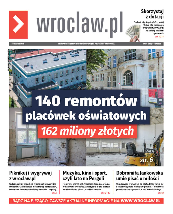 Zdjecie okładki biuletynu - Kolaż czterech zdjęć przedstawiających budynek szkoły, zniszczoną elewację i prace remontowe