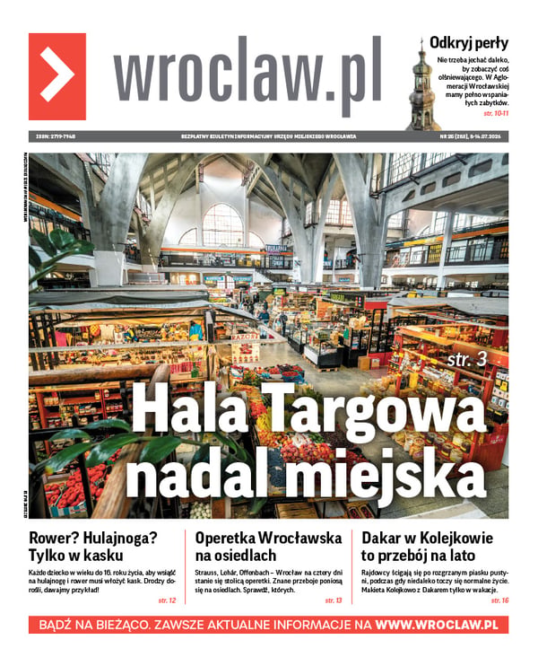 Zdjecie okładki biuletynu - Strona tytułowa biuletynu wroclaw.pl prezentuje duże zdjęcie wnętrza tętniącej życiem Hali Targowej we Wrocławiu z widocznymi stoiskami