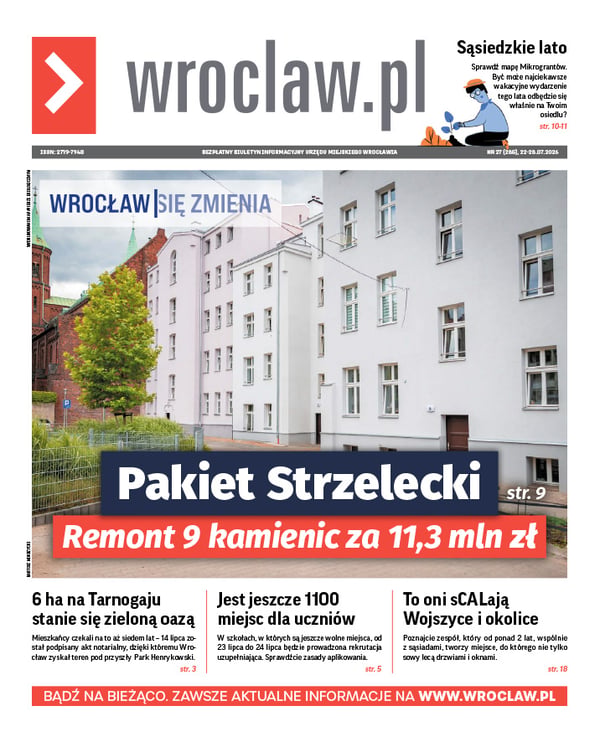 Zdjecie okładki biuletynu - Widok na odnowione fasady kamienic nr 5,7 i 9 na Placu Strzeleckim we Wrocławiu. Pierwsza kamienica ma jasny filetowy kolor, dwie pozostałe - jasnoszary.