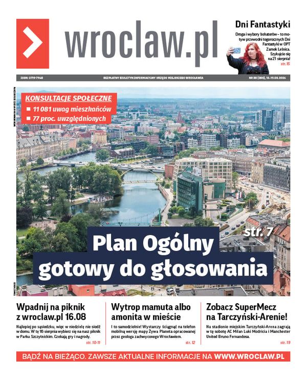 Zdjecie okładki biuletynu - Zdjęcie przedstawia panoramiczny widok na Wrocław z lotu ptaka, ukazując rzekę Odrę z mostami, zielone tereny nadrzeczne oraz gęstą zabudowę miejską z historycznymi i nowoczesnymi budynkami