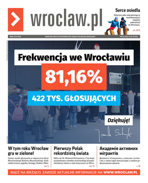 Zdjecie okładki biuletynu - Na ilustracji kolejka osób przed lokalem wyborczym 15 października 2023 z napisem "Frekwencja we Wrocławiu 81, 16 proc. 422 tysiące głosujących, dziękuję, Jacek Sutryk"
