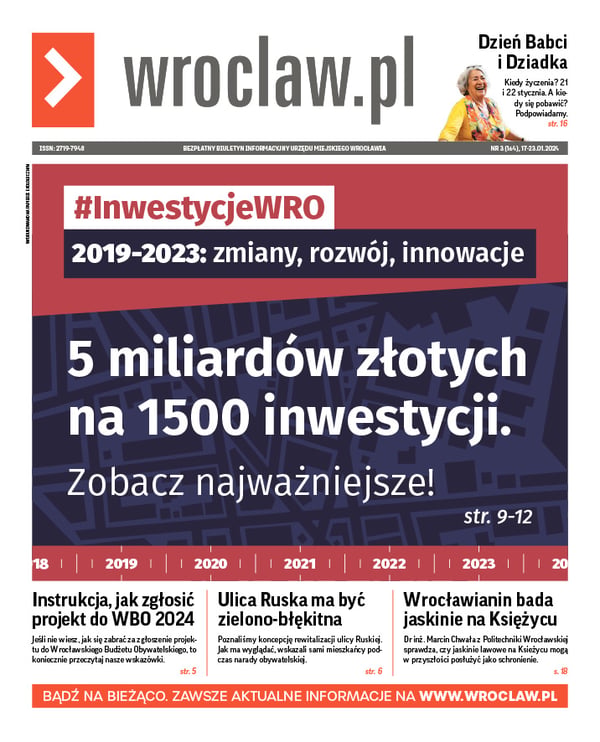 Zdjecie okładki biuletynu - Na okładce w kolorach czerwonym i granatowym są napisy: "2019-2023: zmiany, rozwój, innowacje" i "5 miliardów złotych na 1500 inwestycji"