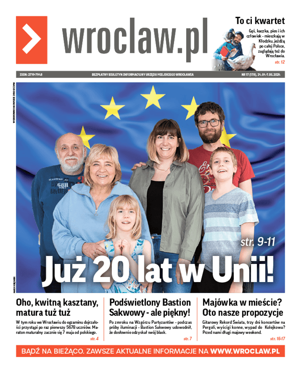 Zdjecie okładki biuletynu - Sześcioosobowa wielopokoleniowa rodzina wrocławskich euroentuzjastów: Katarzyna i Grzegorz Zawadzcy z córką, zięciem i dwojgiem wnucząt