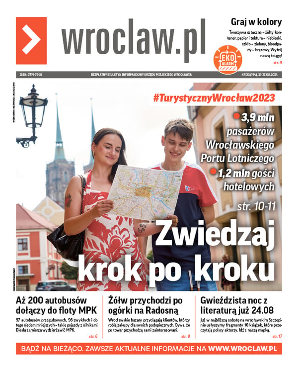Zdjecie okładki biuletynu - Młoda kobieta i chłopak patrzą na mapę Wrocławia stojąc na tle wież katedry św. Jana Chrzciciela na Ostrowie Tumskim 
