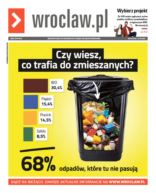 Zdjecie okładki biuletynu - Grafika z czarnym pojemnikiem na śmieci i informacją, że 68 procent z nich nie powinno się tu znaleźć. Wg badań do zmieszanych trafia: 30,4 proc. odpadów bio, 15,4 proc. papieru, 14,5 proc. plastiku, 8,5 proc. szkła