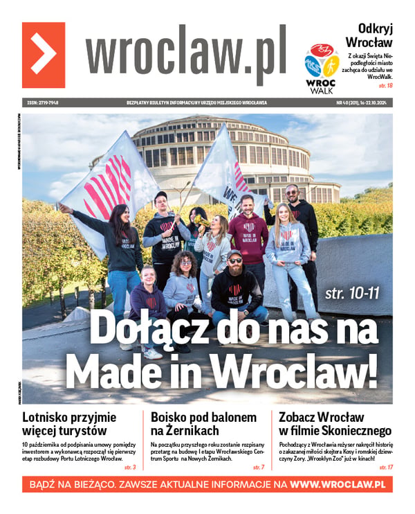 Zdjecie okładki biuletynu - Grupa ludzi z megafonem i flagami zaprasza: Dołącz do nas na Made in Wrocław
