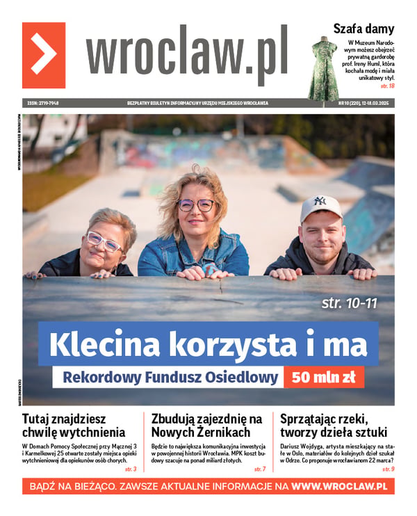 Zdjecie okładki biuletynu - Karina Bartosik, Joanna Launer-Kubik, Maciej Leńczyk, czyli zarząd Rady Osiedla Klecina na skateparku przy ul. Wałbrzyskiej