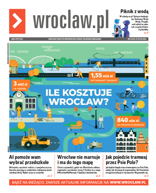 Zdjecie okładki biuletynu - Infografika przedstawiająca fragment miasta z kwotami: 3 mld zł na oświatę, 1,55 mld zł na transport i łączność oraz 840 mln zł na ochronę środowiska