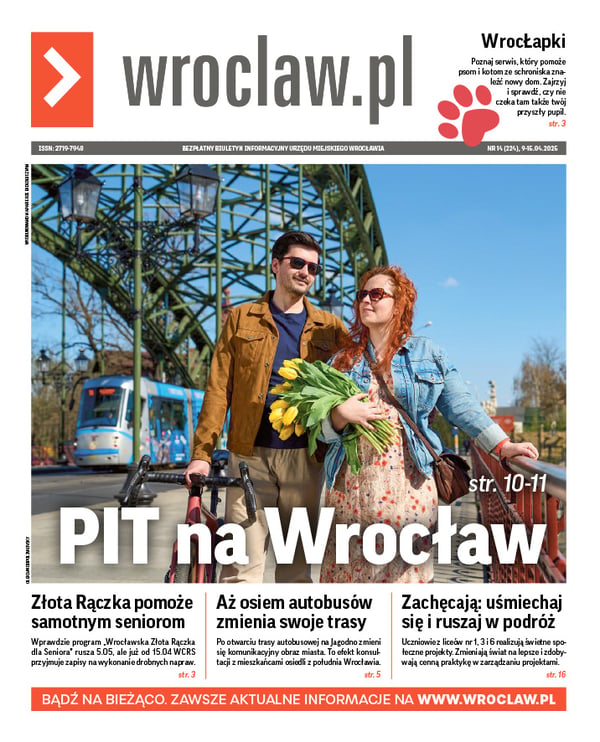 Zdjecie okładki biuletynu - Para spacerowiczów: młody brunet i młoda rudowłosa kobieta na wyremontowanym moście Zwierzynieckim