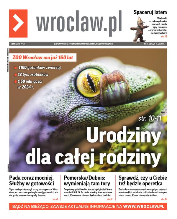 Zdjecie okładki biuletynu - Zielonkawo-fioletowy gekon z żółtym okiem z wyciągniętym językiem w kolorach różowym i zielonkawym