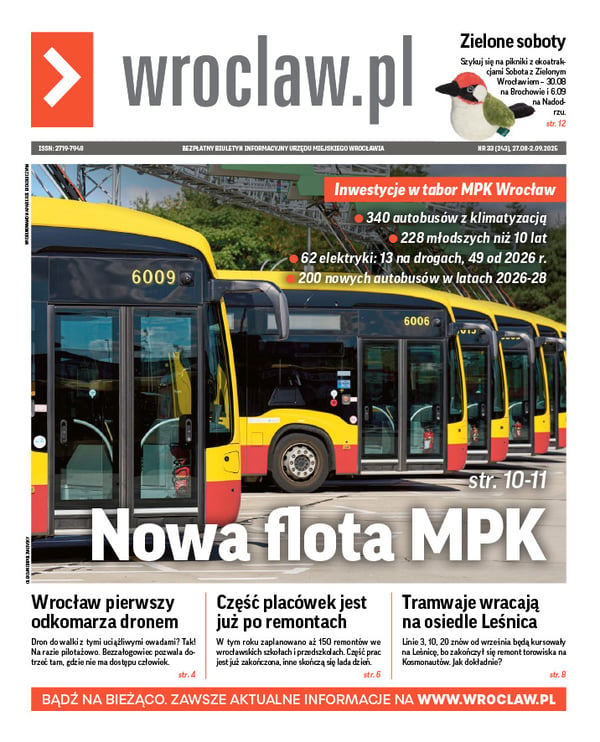 Zdjecie okładki biuletynu - Pięć żółto-czerwonych autobusów z floty MPK Wrocław ustawionych obok siebie