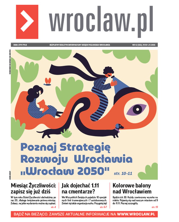 Zdjecie okładki biuletynu - Grafika przedstawiająca dwie osoby na napisie WRO i tytuł Poznaj Strategię Rozwoju Wrocławia "Wrocław 2050"