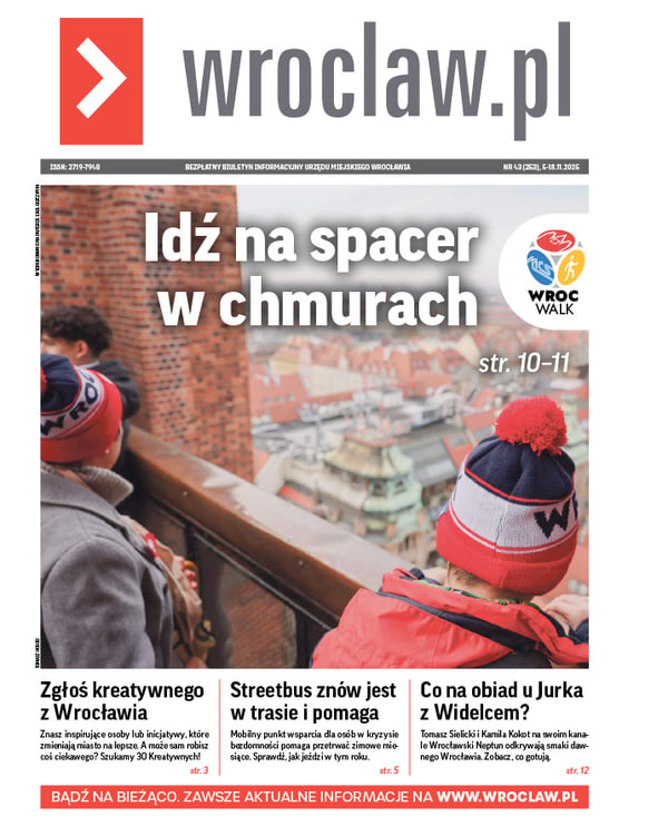 Zdjecie okładki biuletynu - Dziecko i kobieta na wieży kościoła św. Marii Magdaleny - punkt widokowy - w czapkach z napisem WrocWalk