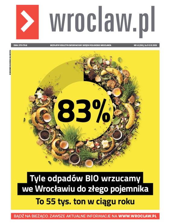 Zdjecie okładki biuletynu - Grafika z dużą liczbą 83 proc i napisem: Tyle odpadów BIO wrzucamy we Wrocławiu do złego pojemnika. To 55 tys. ton w ciągu roku