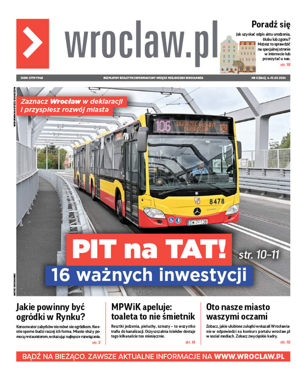 Zdjecie okładki biuletynu - Żółto-czerwony autobus komunikacji miejskiej jadący wiaduktem Trasy Autobusowo-Tramwajowej na Nowy Dwór 