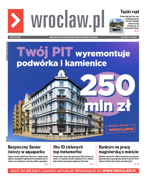 Zdjecie okładki biuletynu - Wrocławska kamienica narożna i napis: 250 mln zł - Twój PIT wyremontuje podwórka i kamienice