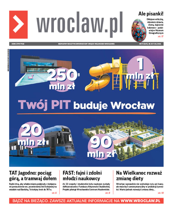 Zdjecie okładki biuletynu - Grafika przedstawiająca: aquapark  (liczba 250 mln zł obok), zjeżdżalnię na placu zabaw (liczba: 1 mln zł), tramwaj (liczba: 20 mln zł) i budynek zespołu szkolno-przedszkolnego (90 mln zł). Na środku znajduje się napis: Twój PIT buduje Wrocław