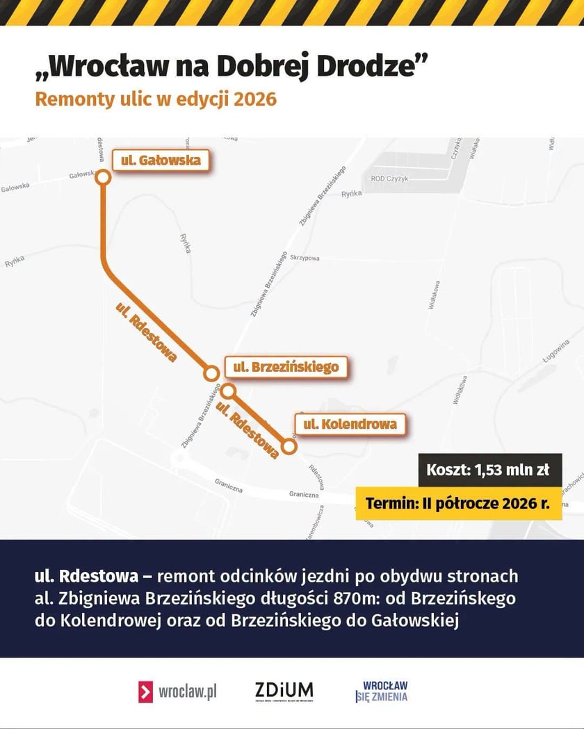 Inforgrafika prezentująca odcinki ul. Rdestowej, które zostaną wyremontowane.