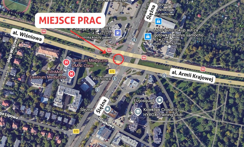 Mapa rejonu skrzyżowania ulic Ślężnej, Armii Krajowej i Wiśniowej z zaznaczonym miejscem, które zostanie zajęte  na czas naprawy kanalizacji.