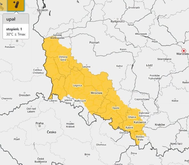 Mapa z alertem pierwszego stopnia dotyczącym upałów na Dolnym Śląsku.