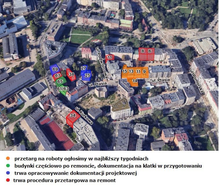 Mapka przedstawiająca budynki i podwórza, które są uwzględnione przy inwestycjach w ramach Projektu Ptasia.