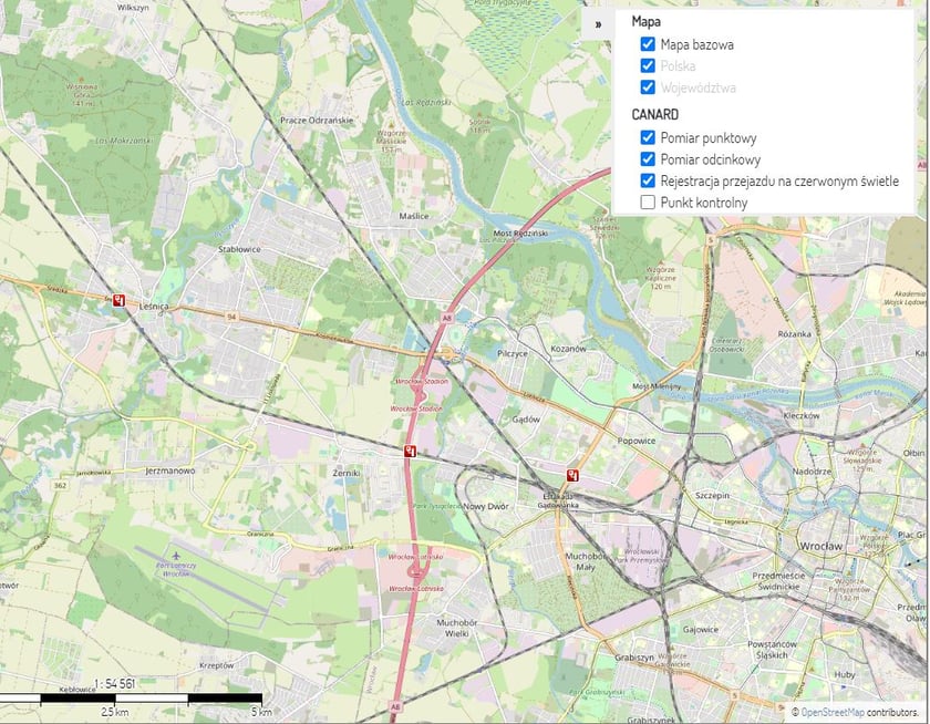 Mapa z systemem CANARD we Wrocławiu