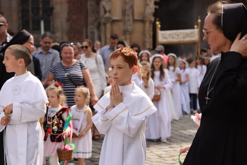 Procesja Bożego Ciała we Wrocławiu 2023. Na pierwszym planie chłopiec w białej albie ze złożonymi rękami